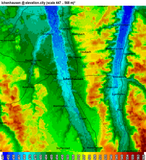 Zoom OUT 2x Ichenhausen, Germany elevation map