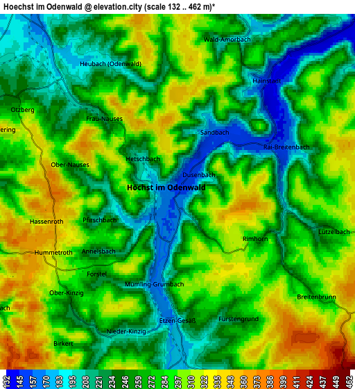 Zoom OUT 2x Höchst im Odenwald, Germany elevation map