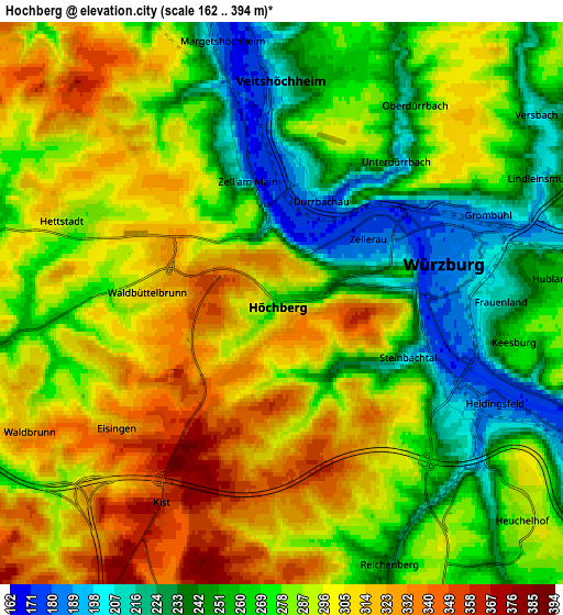 Zoom OUT 2x Höchberg, Germany elevation map