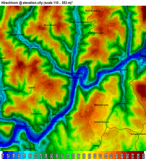 Zoom OUT 2x Hirschhorn, Germany elevation map