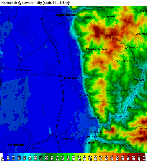 Zoom OUT 2x Hemsbach, Germany elevation map