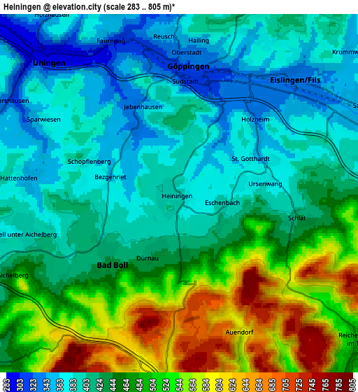 Zoom OUT 2x Heiningen, Germany elevation map