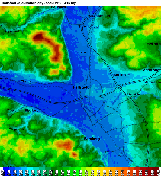 Zoom OUT 2x Hallstadt, Germany elevation map