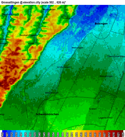 Zoom OUT 2x Großaitingen, Germany elevation map