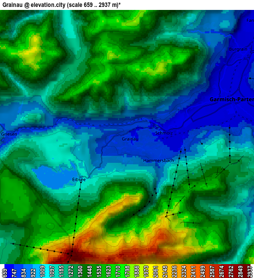 Zoom OUT 2x Grainau, Germany elevation map