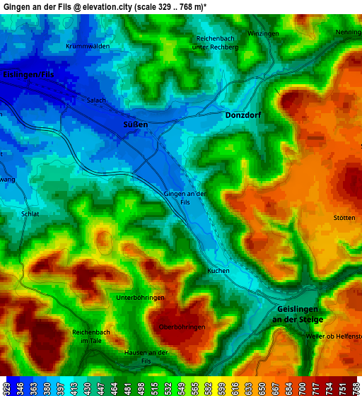 Zoom OUT 2x Gingen an der Fils, Germany elevation map