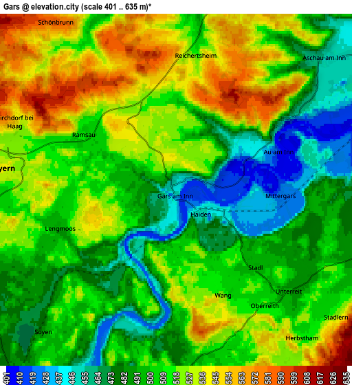 Zoom OUT 2x Gars, Germany elevation map