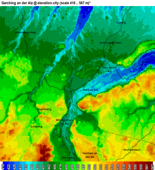 Zoom OUT 2x Garching an der Alz, Germany elevation map