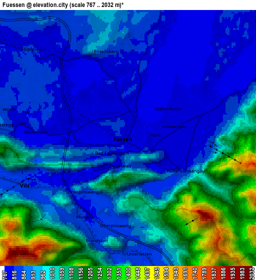 Zoom OUT 2x Füssen, Germany elevation map