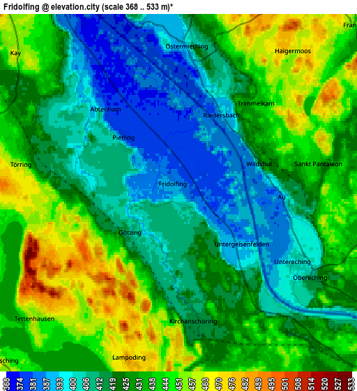 Zoom OUT 2x Fridolfing, Germany elevation map