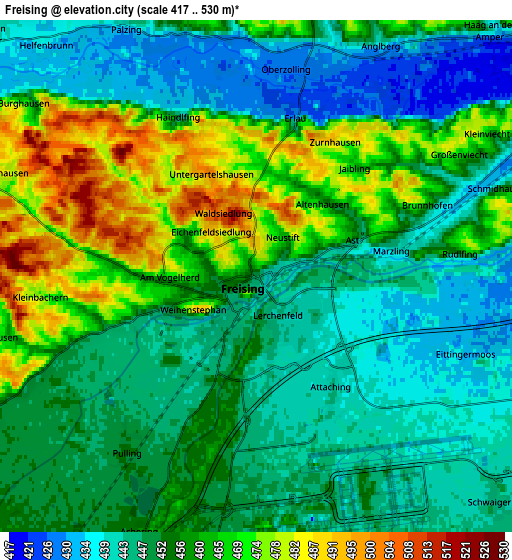 Zoom OUT 2x Freising, Germany elevation map