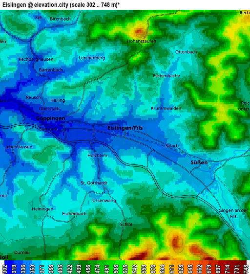 Zoom OUT 2x Eislingen, Germany elevation map