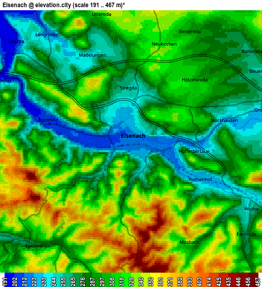 Zoom OUT 2x Eisenach, Germany elevation map