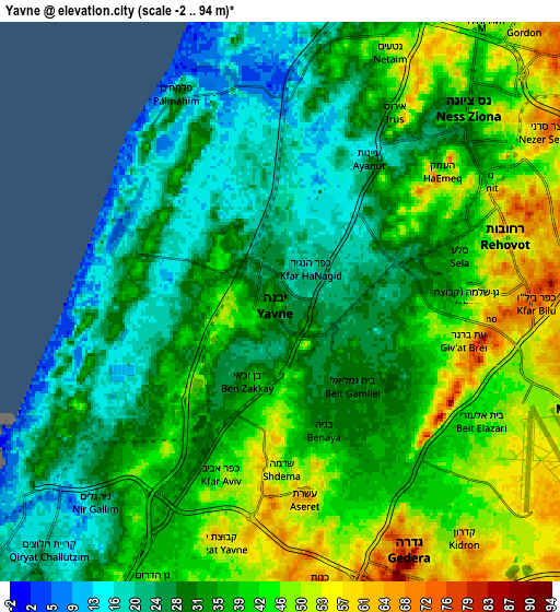 Zoom OUT 2x Yavné, Israel elevation map