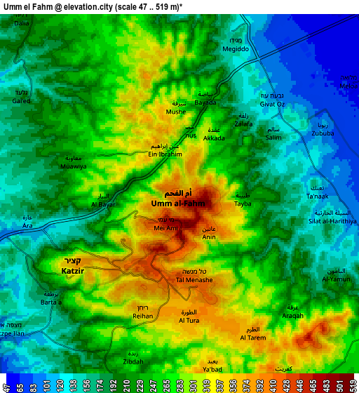 Zoom OUT 2x Umm el Faḥm, Israel elevation map