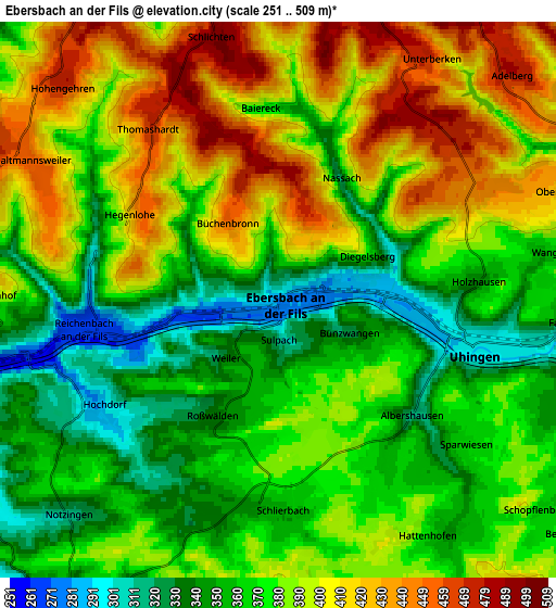 Zoom OUT 2x Ebersbach an der Fils, Germany elevation map