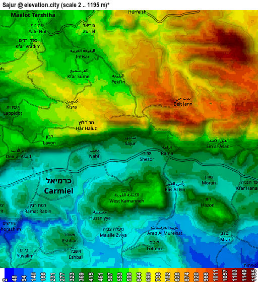 Zoom OUT 2x Sājūr, Israel elevation map