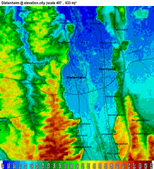 Zoom OUT 2x Dietenheim, Germany elevation map