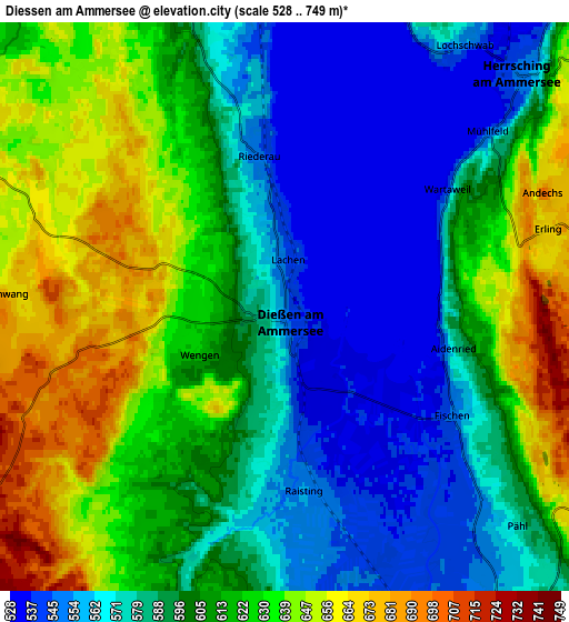 Zoom OUT 2x Dießen am Ammersee, Germany elevation map