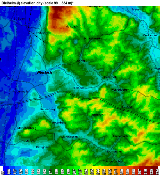 Zoom OUT 2x Dielheim, Germany elevation map