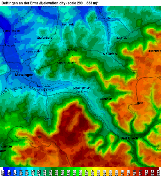 Zoom OUT 2x Dettingen an der Erms, Germany elevation map