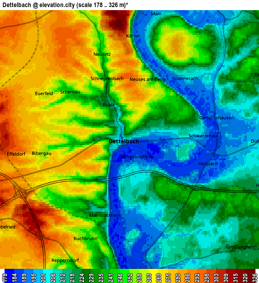 Zoom OUT 2x Dettelbach, Germany elevation map