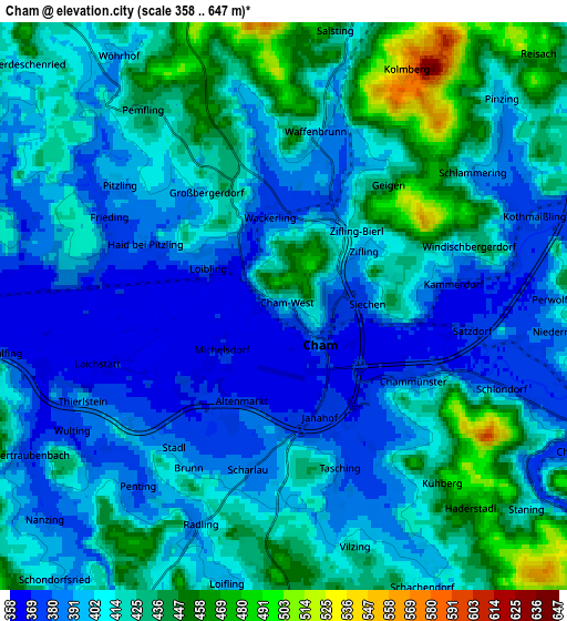 Zoom OUT 2x Cham, Germany elevation map