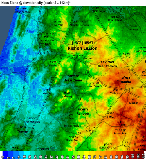 Zoom OUT 2x Ness Ziona, Israel elevation map