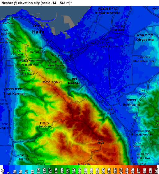 Zoom OUT 2x Nesher, Israel elevation map