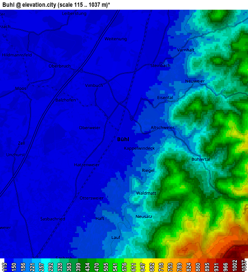 Zoom OUT 2x Bühl, Germany elevation map