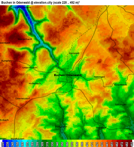 Zoom OUT 2x Buchen in Odenwald, Germany elevation map