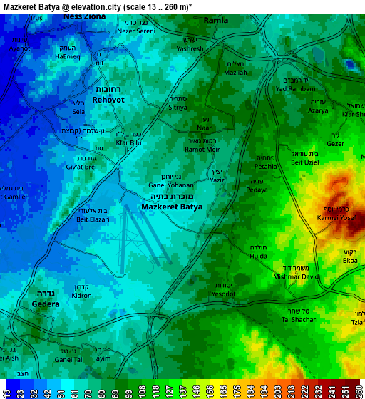 Zoom OUT 2x Mazkeret Batya, Israel elevation map