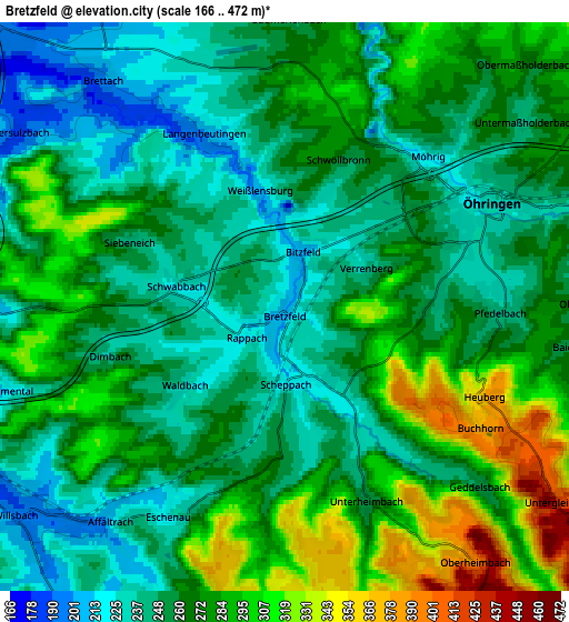 Zoom OUT 2x Bretzfeld, Germany elevation map