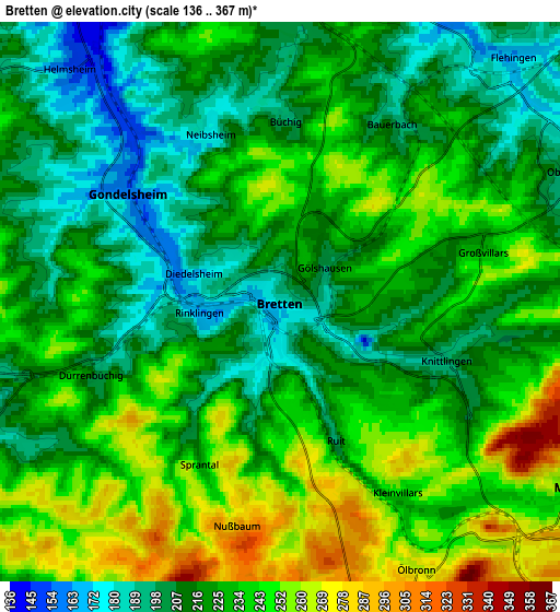 Zoom OUT 2x Bretten, Germany elevation map
