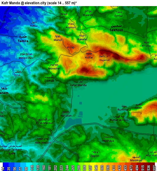 Zoom OUT 2x Kafr Mandā, Israel elevation map