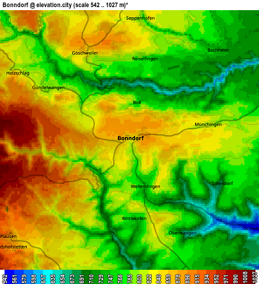 Zoom OUT 2x Bonndorf, Germany elevation map