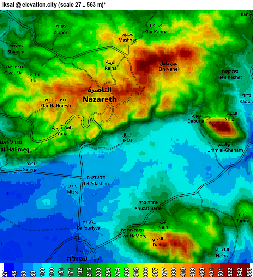 Zoom OUT 2x Iksāl, Israel elevation map