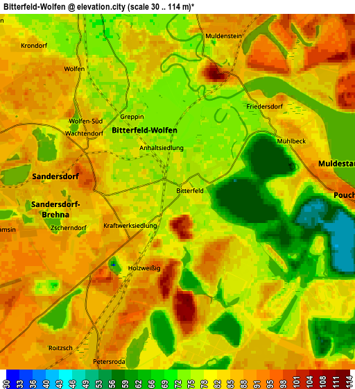 Zoom OUT 2x Bitterfeld-Wolfen, Germany elevation map