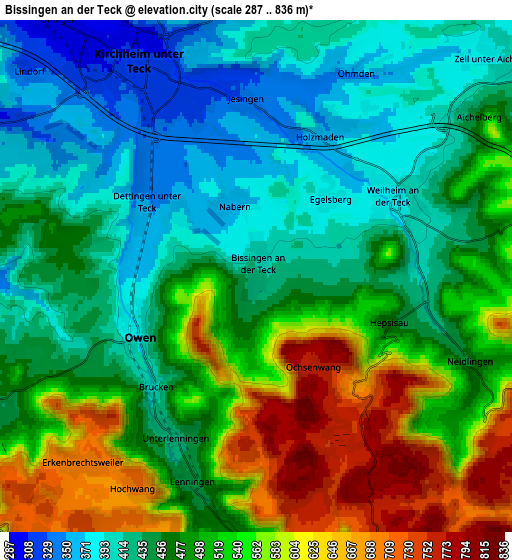 Zoom OUT 2x Bissingen an der Teck, Germany elevation map