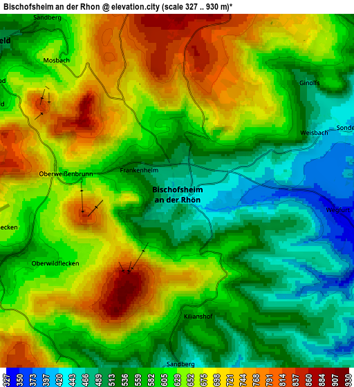 Zoom OUT 2x Bischofsheim an der Rhön, Germany elevation map