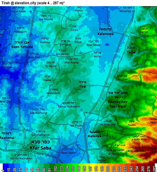 Zoom OUT 2x Tirah, Israel elevation map