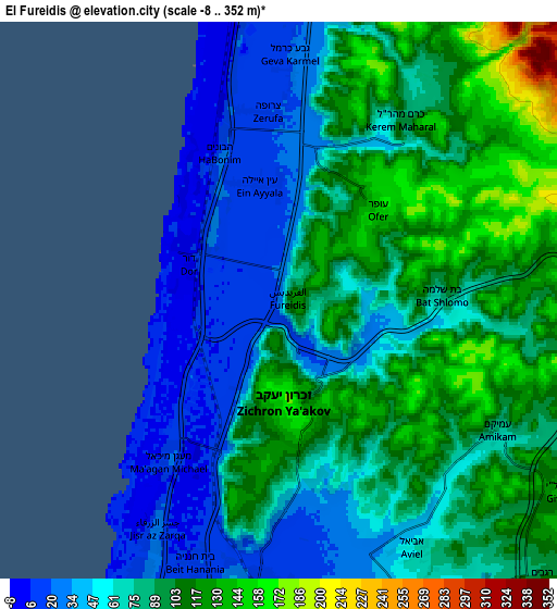 Zoom OUT 2x El Fureidīs, Israel elevation map