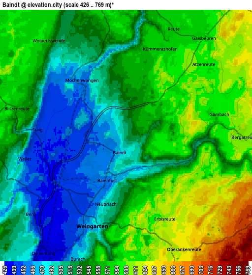 Zoom OUT 2x Baindt, Germany elevation map