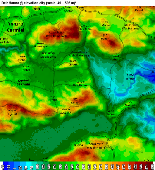 Zoom OUT 2x Deir Ḥannā, Israel elevation map