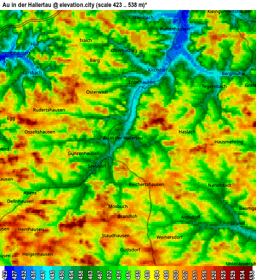 Zoom OUT 2x Au in der Hallertau, Germany elevation map