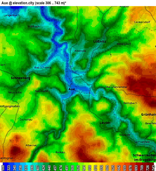 Zoom OUT 2x Aue, Germany elevation map