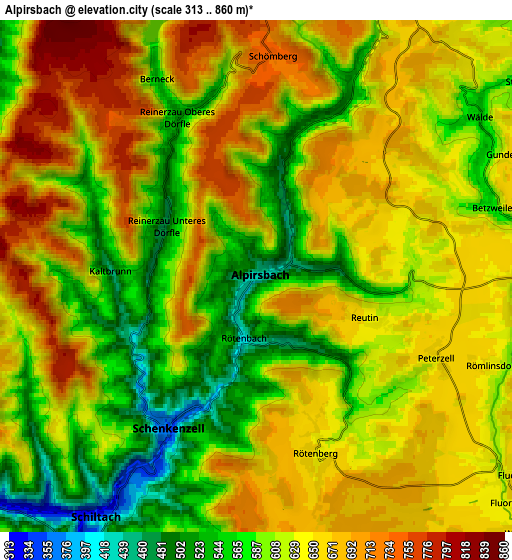 Zoom OUT 2x Alpirsbach, Germany elevation map