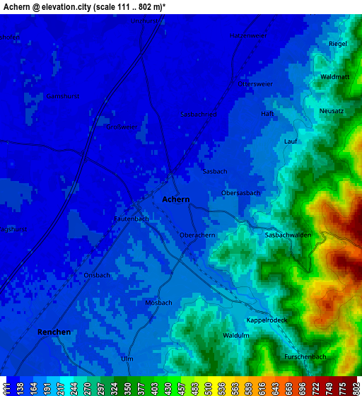 Zoom OUT 2x Achern, Germany elevation map