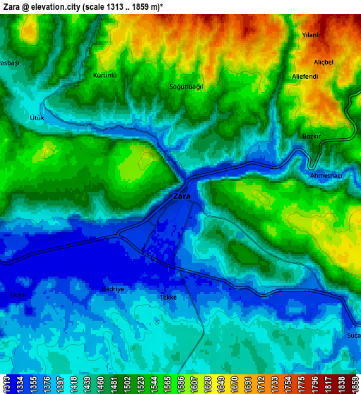 Zoom OUT 2x Zara, Turkey elevation map