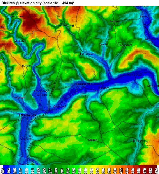 Zoom OUT 2x Diekirch, Luxembourg elevation map